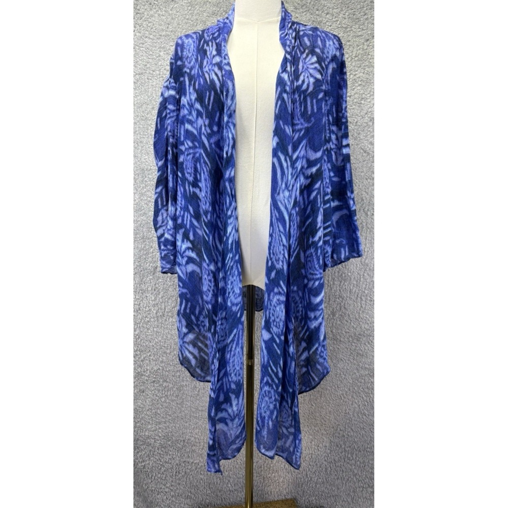 Chicos Womens Sz 2 L Blue Abstract Linen Cardigan Duster Boho Long Lagenlook